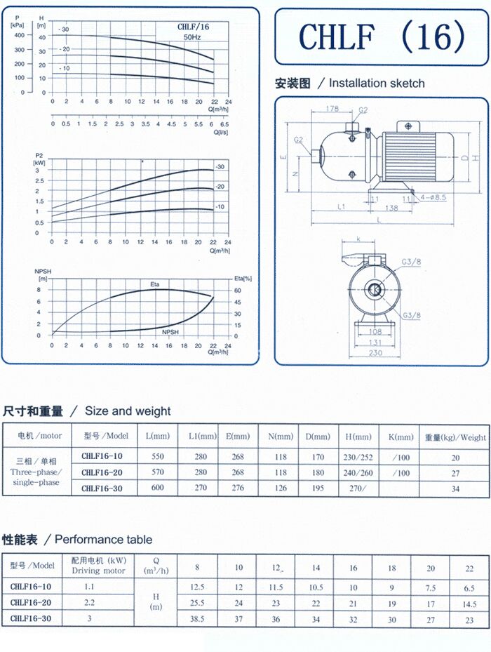 CHLF輕型立式不銹鋼多級(jí)離心泵安裝圖、尺寸、性能