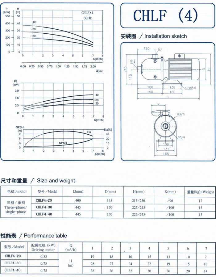 CHLF輕型立式不銹鋼多級(jí)離心泵安裝圖、尺寸、性能