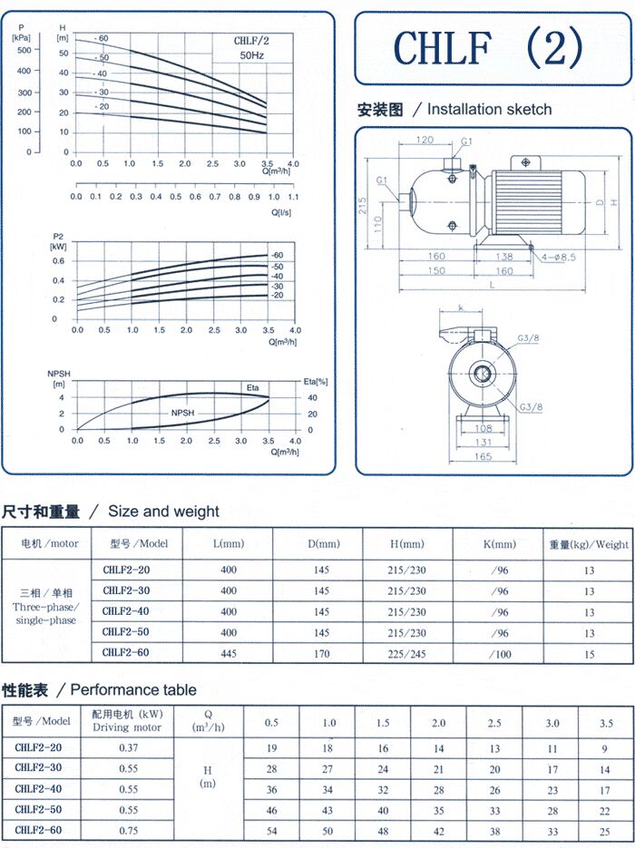 CHLF輕型立式不銹鋼多級(jí)離心泵安裝圖、尺寸、性能